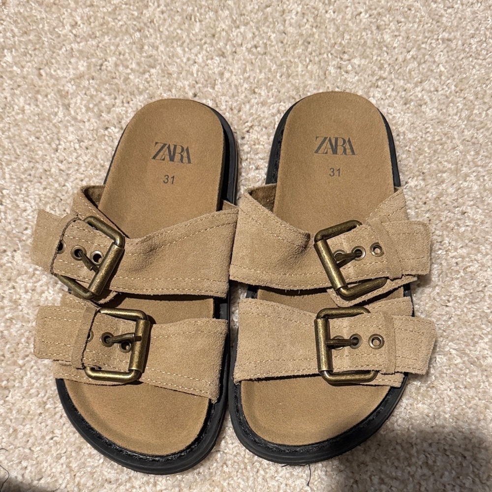 ZARA Kids Tan Suede Double-Strap Buckle Slide Sandals size 13